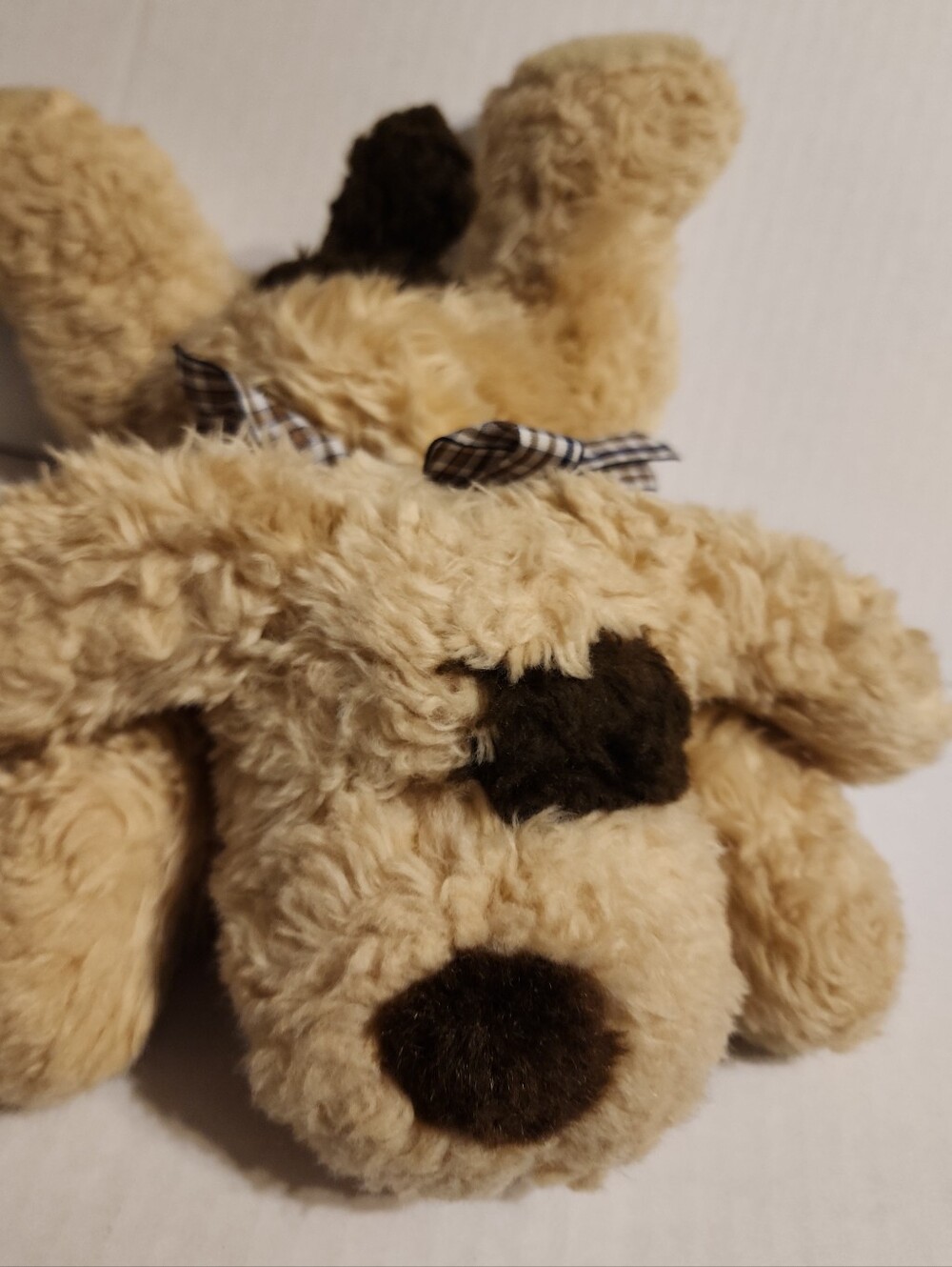 Walmart Laying Plush Tan Puppy Stuffed Animal with Brown Spots Bow Plaid